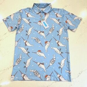 Proud 90 NEW Golf Polo Mens Small Blue Christmas Narwhal Holiday Party Shirt